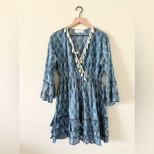 Lassiter Boho Dress with Ruffle and Tassel Detail in Blue Floral Block Print - S
